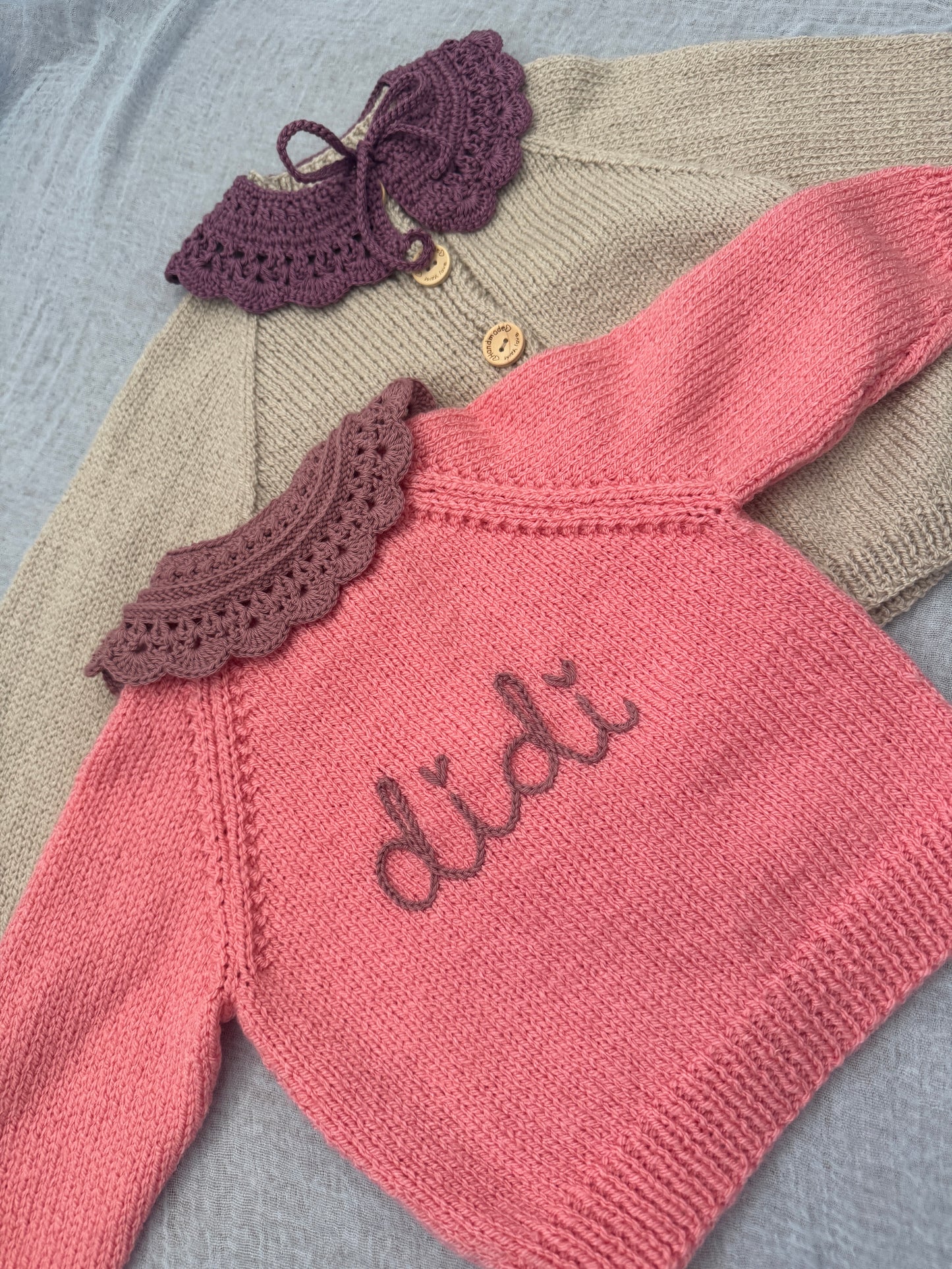 Knitted to order crochet collar personalised cardigan